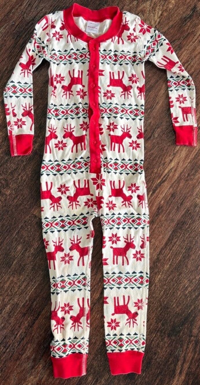 Hanna Andersson Unisex 4T Cream Red Green Fair Isle Reindeer Pajamas Sleeper EUC